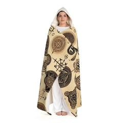 Hooded Sherpa Fleece Blanket with Ancient Symbol Design
