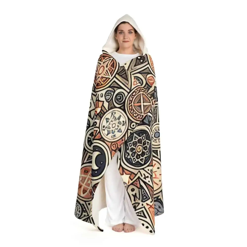 Hooded Sherpa Fleece Blanket with Ancient Symbol Design