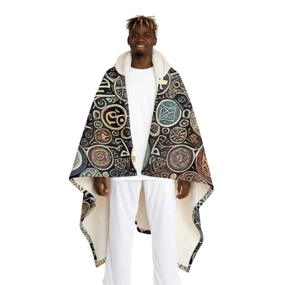 Hooded Sherpa Fleece Blanket with Ancient Symbol Design