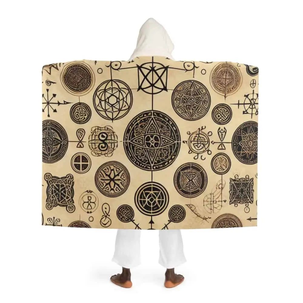 Hooded Sherpa Fleece Blanket with Ancient Symbol Design