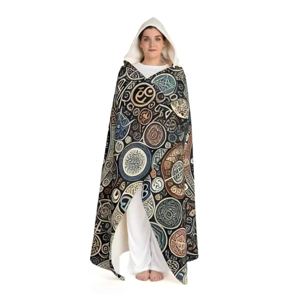 Hooded Sherpa Fleece Blanket with Ancient Symbol Design