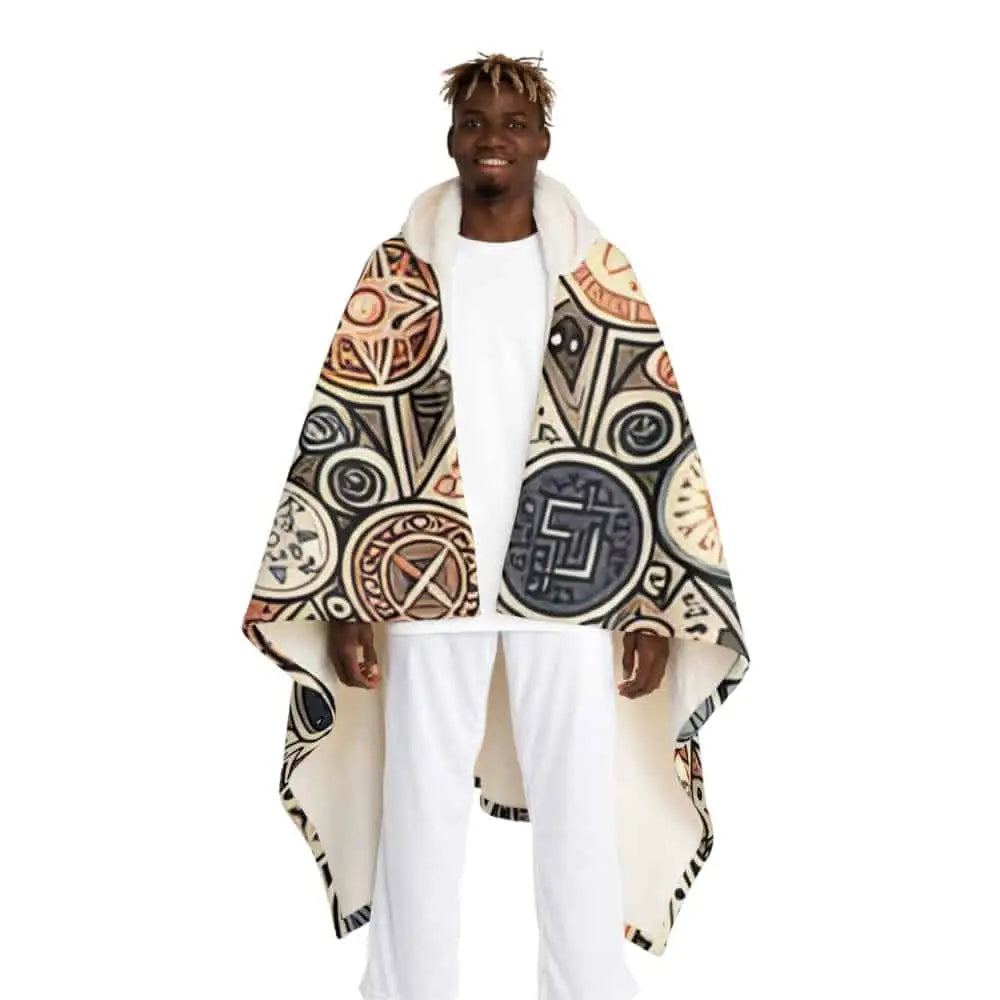 Hooded Sherpa Fleece Blanket with Ancient Symbol Design