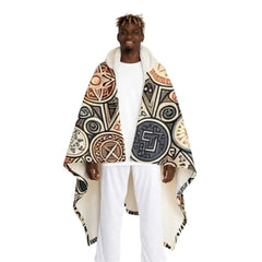 Hooded Sherpa Fleece Blanket with Ancient Symbol Design