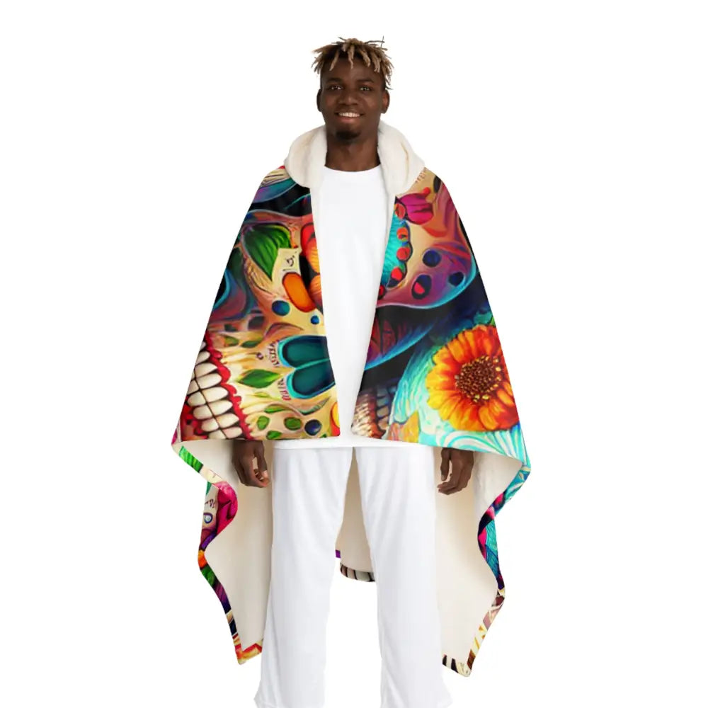 Hooded Sherpa Fleece Blanket with Colorful Sugar Skulls