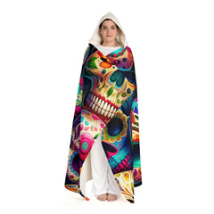 Hooded Sherpa Fleece Blanket with Colorful Sugar Skulls