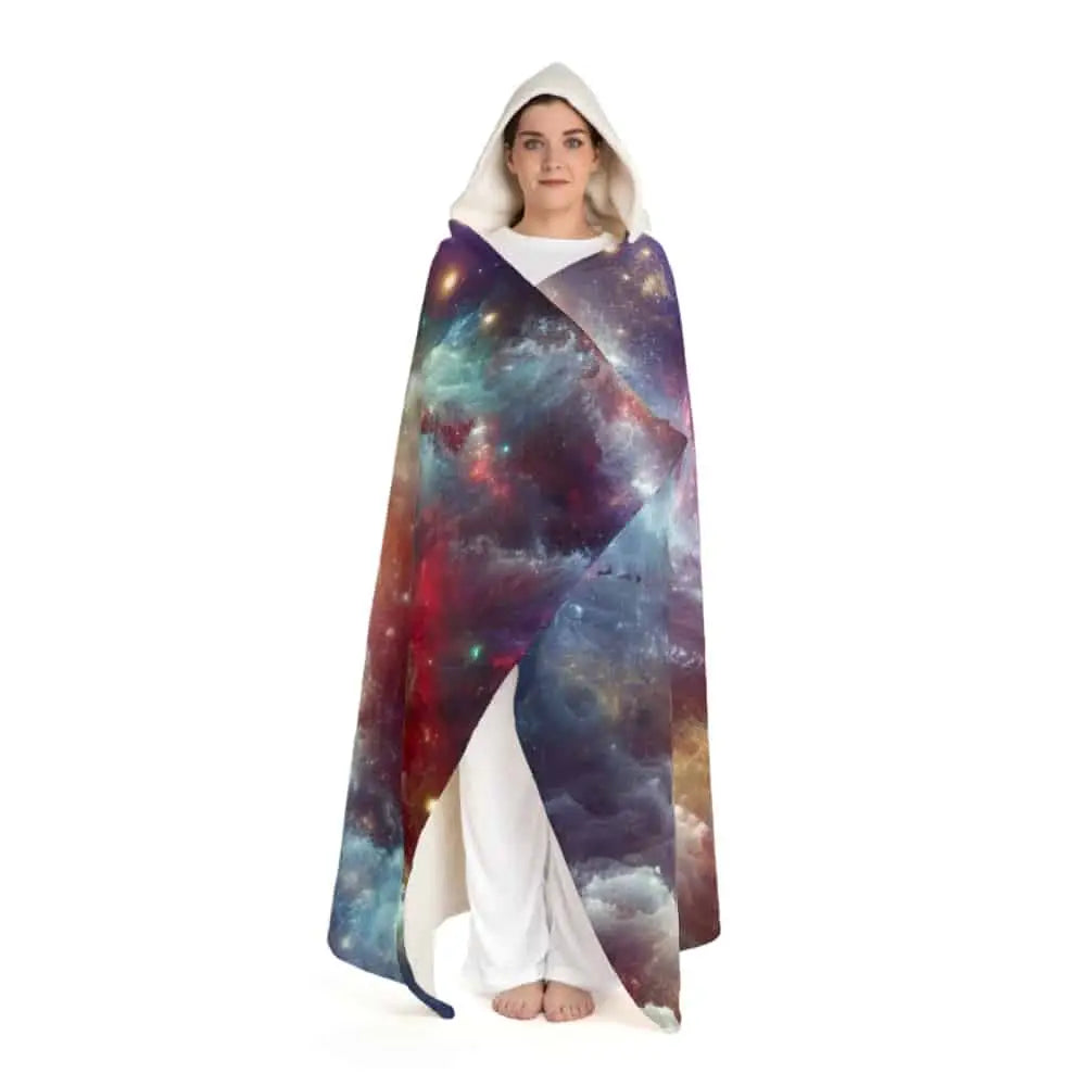 Hooded Sherpa Fleece Blanket with Cosmic Galaxy Design