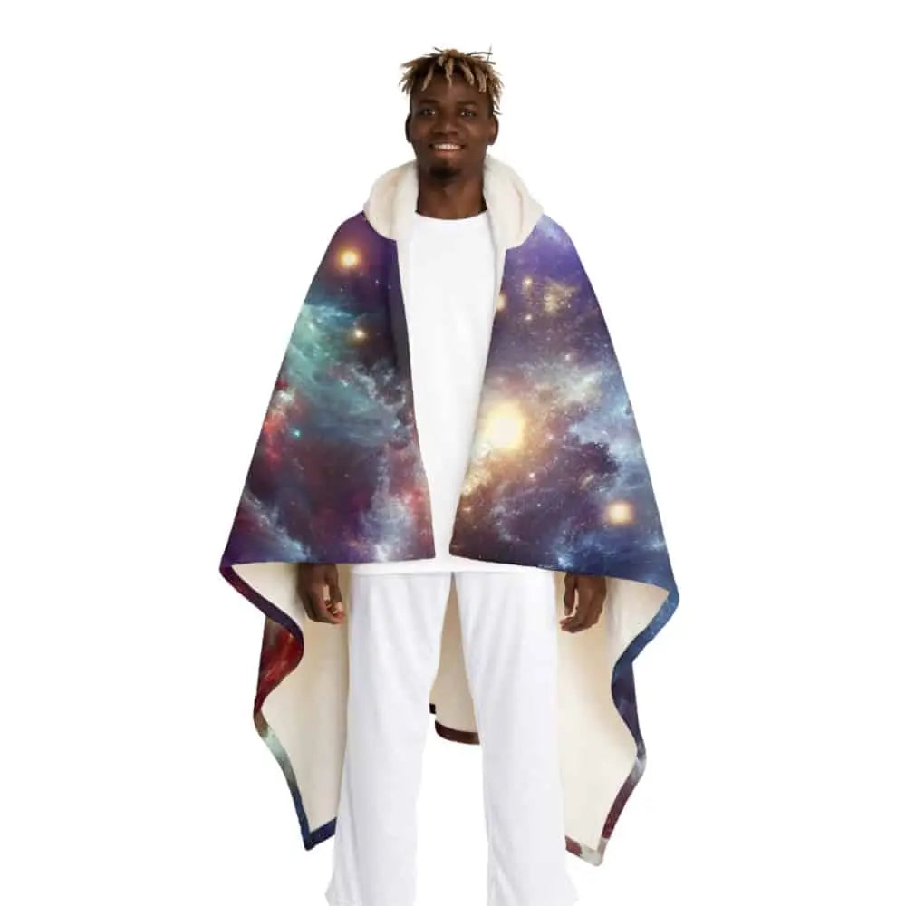 Hooded Sherpa Fleece Blanket with Cosmic Galaxy Design