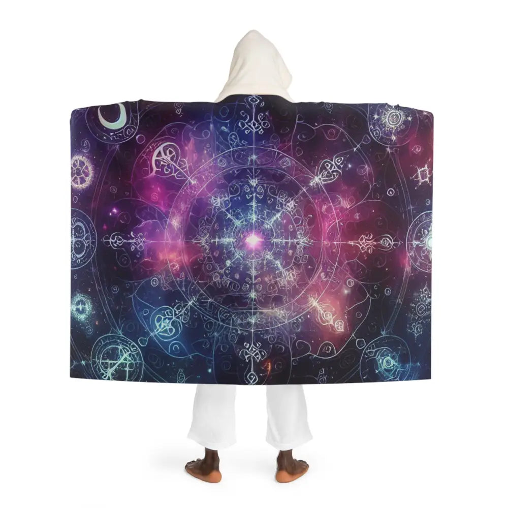 Hooded Sherpa Fleece Blanket with Cosmic Nebula Design
