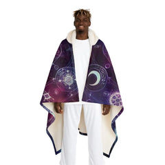 Hooded Sherpa Fleece Blanket with Cosmic Nebula Design