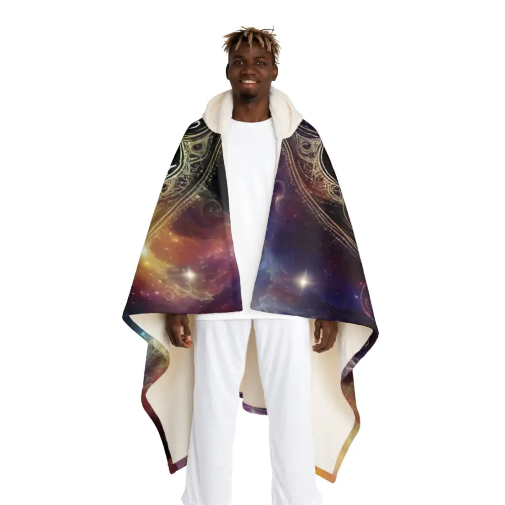 Hooded Sherpa Fleece Blanket with Cosmic Nebula Design