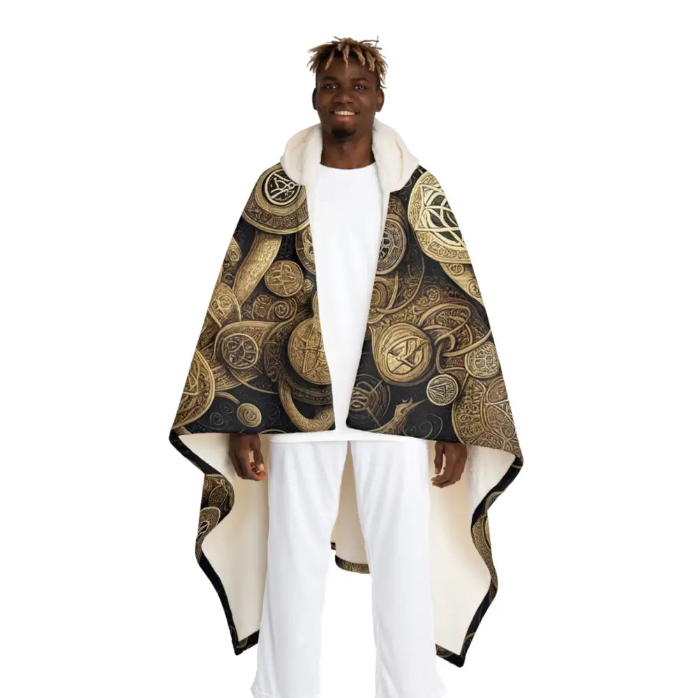 Hooded Sherpa Fleece Blanket with Cosmic Symbol Design