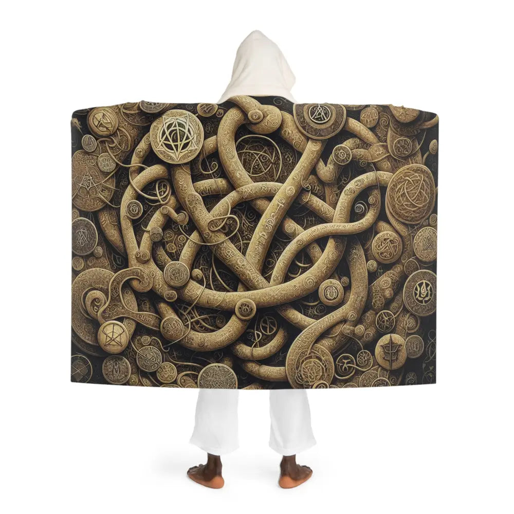 Hooded Sherpa Fleece Blanket with Cosmic Symbol Design