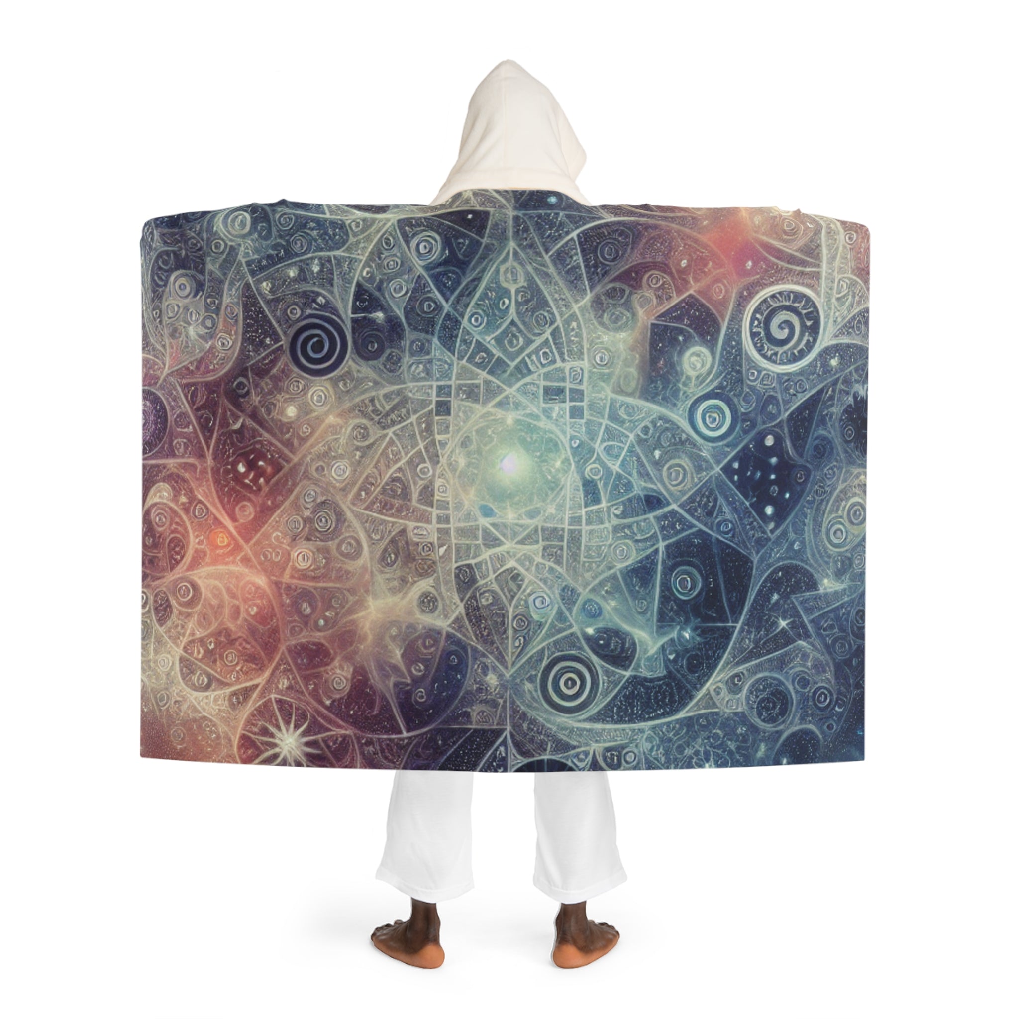 Hooded Sherpa Fleece Blanket with Cosmic Symbol Design