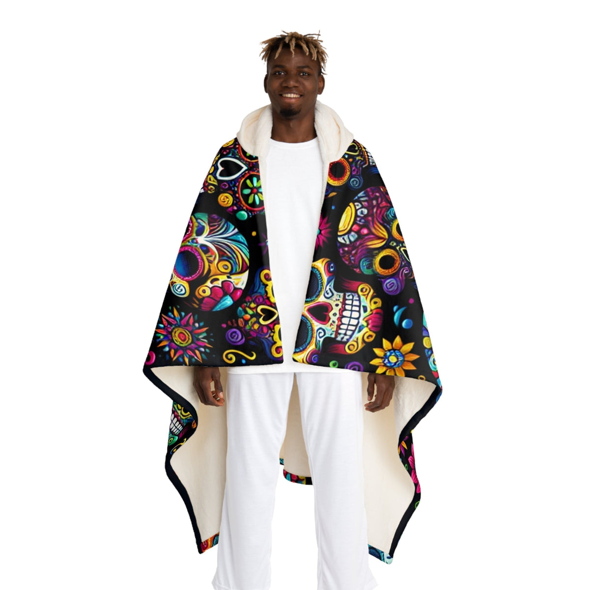 Hooded Sherpa Fleece Blanket with Day of the Dead Skulls