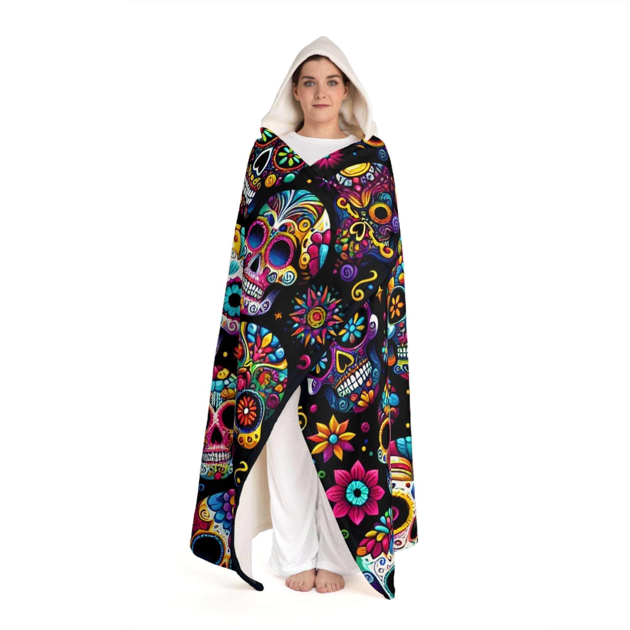 Hooded Sherpa Fleece Blanket with Day of the Dead Skulls
