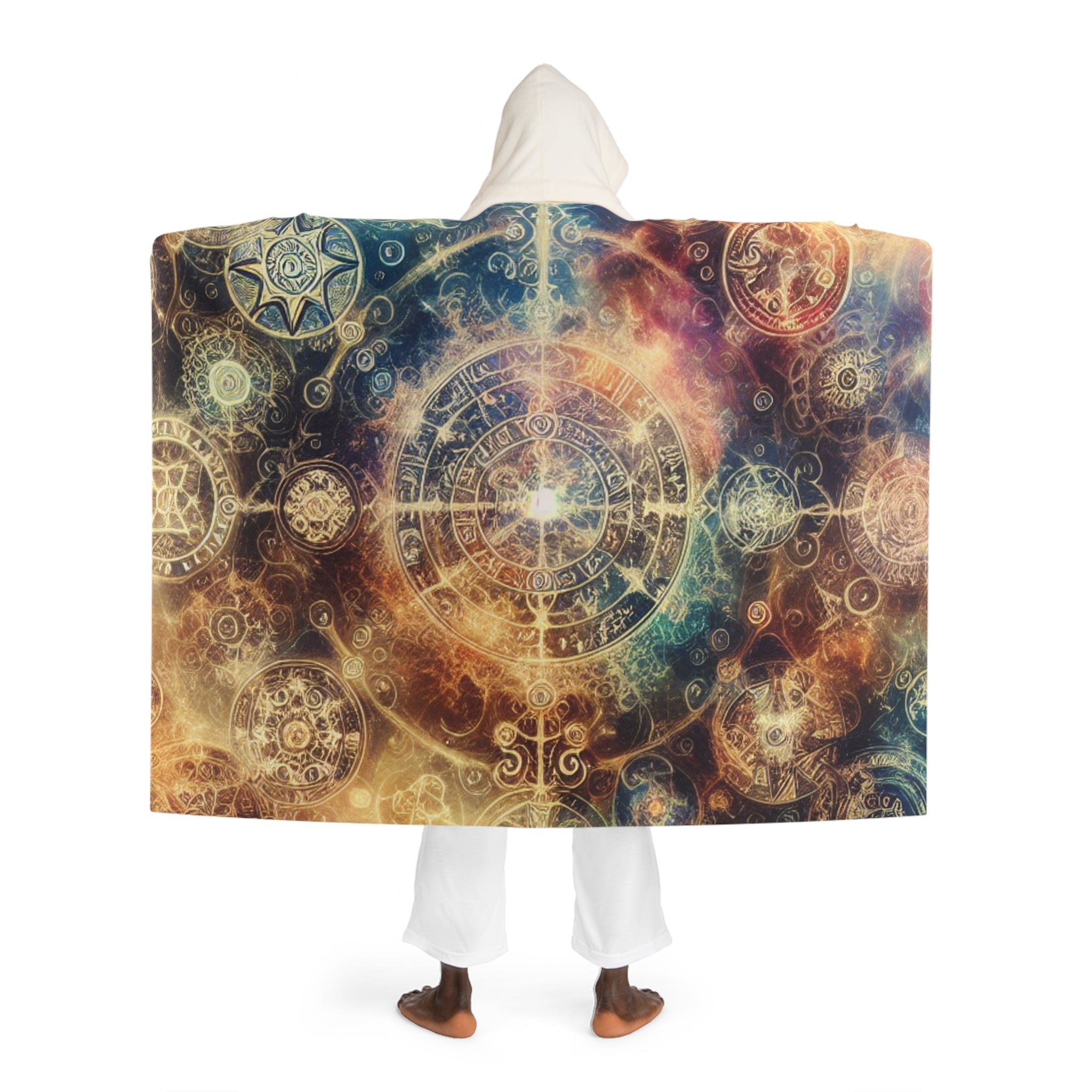 Hooded Sherpa Fleece Blanket with Galaxy and Symbol Design