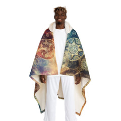 Hooded Sherpa Fleece Blanket with Galaxy and Symbol Design