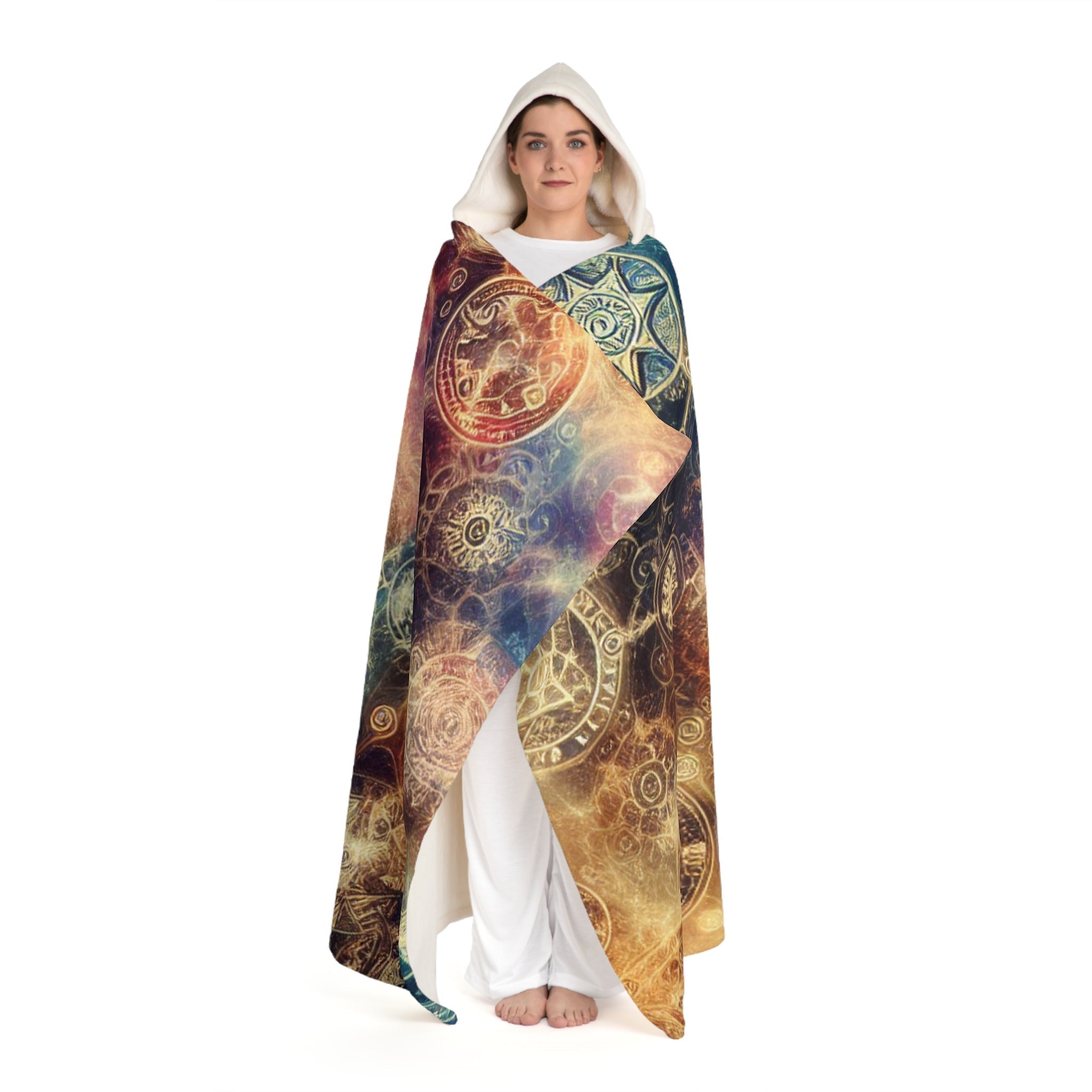 Hooded Sherpa Fleece Blanket with Galaxy and Symbol Design