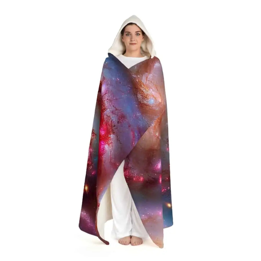 Hooded Sherpa Fleece Blanket with Galaxy Design One size