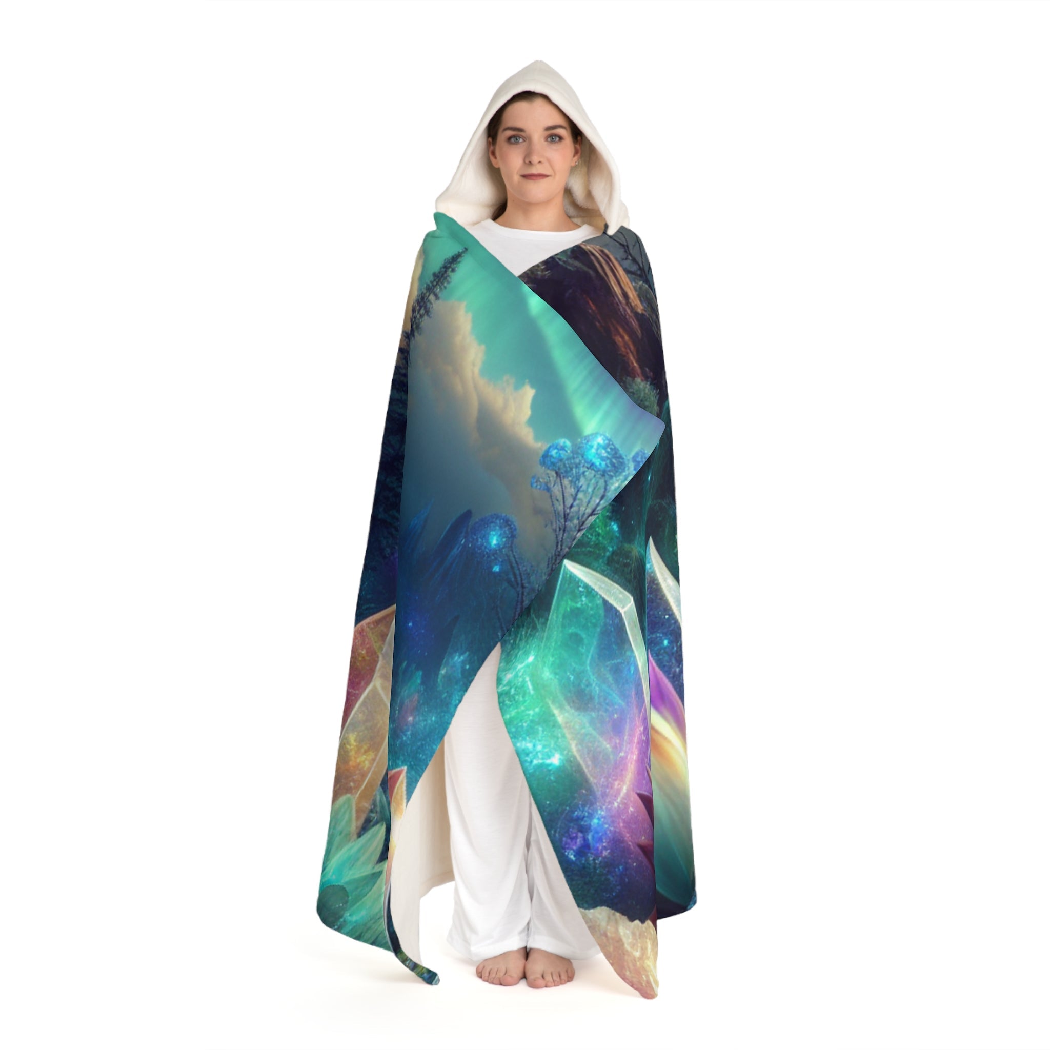 Hooded Sherpa Fleece Blanket with Geode and Aurora Design