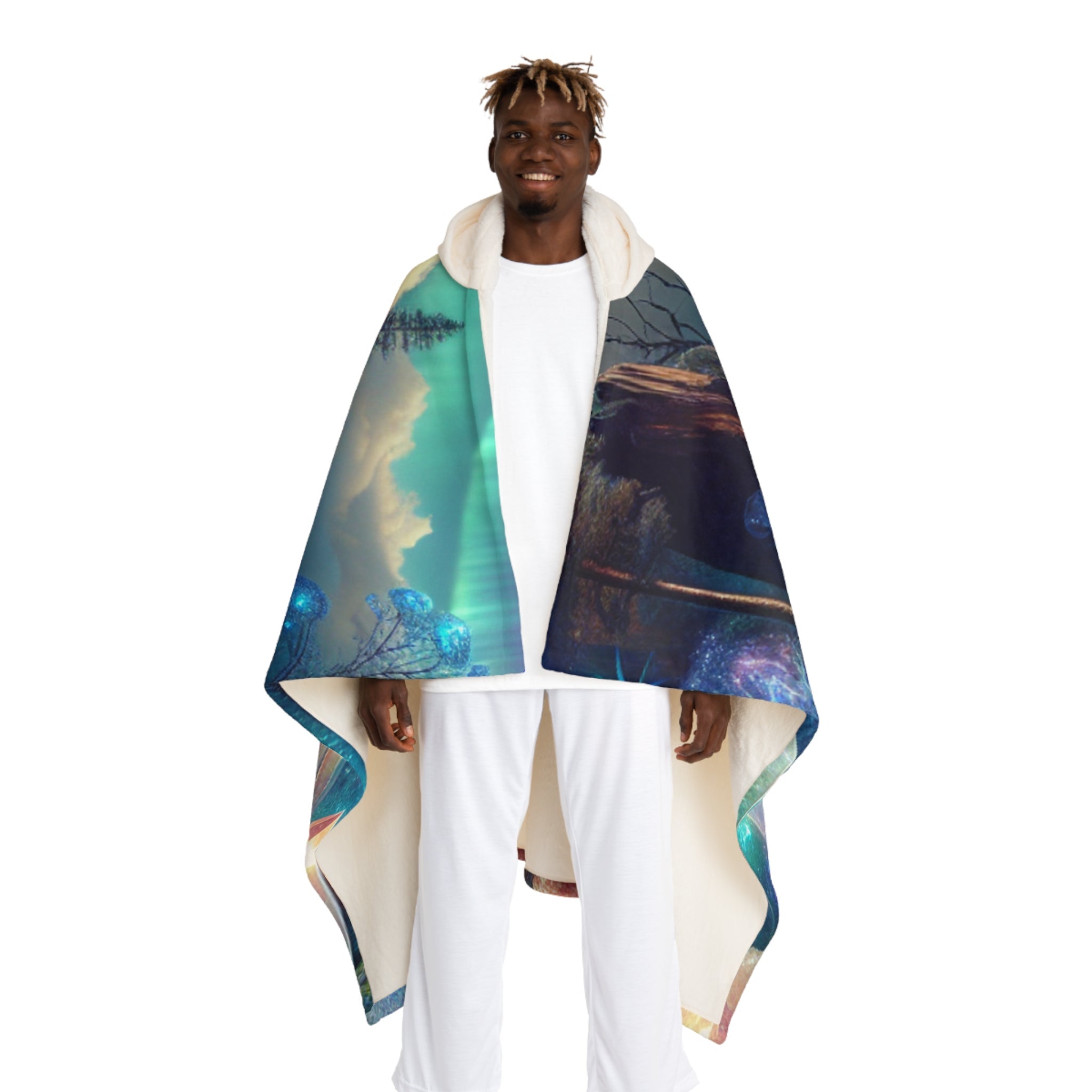 Hooded Sherpa Fleece Blanket with Geode and Aurora Design