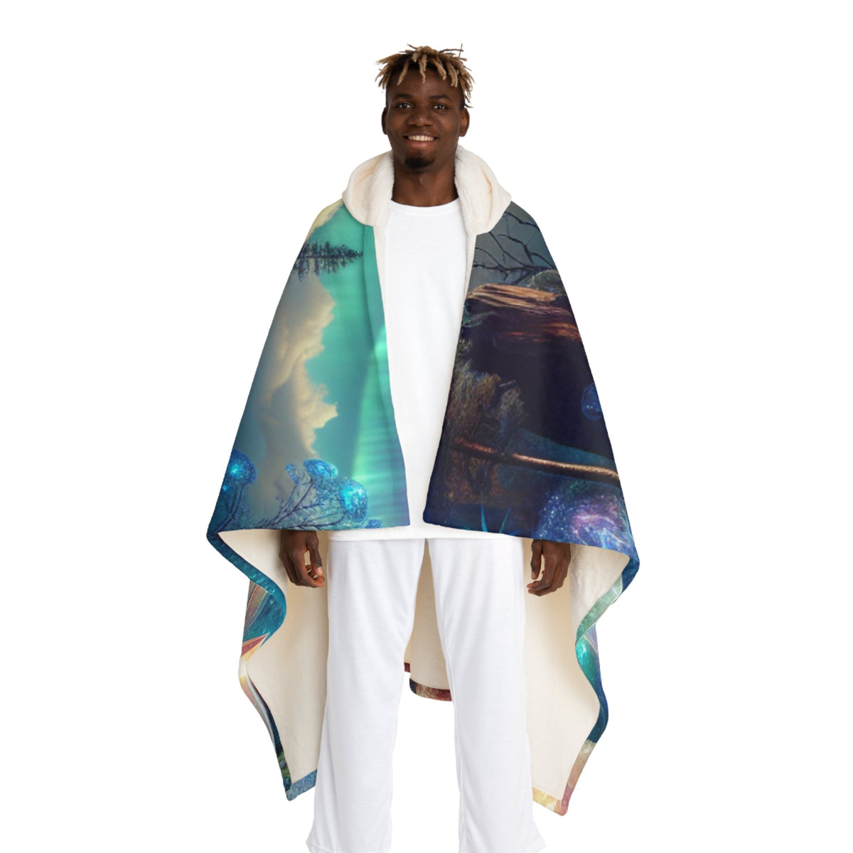 Hooded Sherpa Fleece Blanket with Geode and Aurora Design