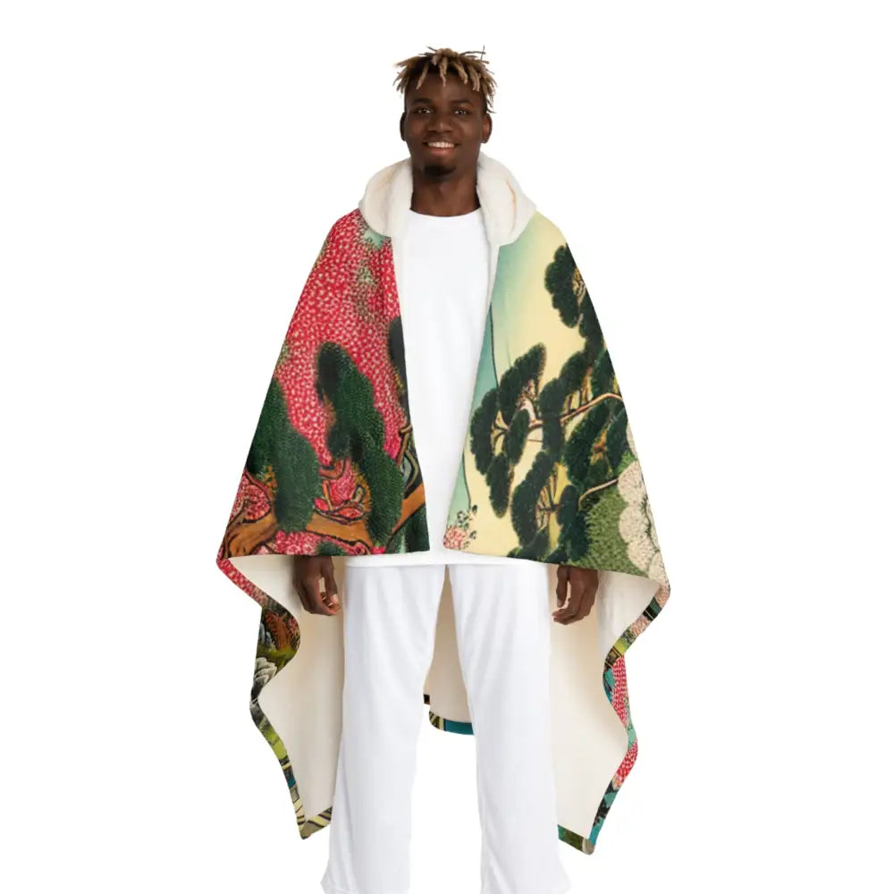 Hooded Sherpa Fleece Blanket with Japanese Art Design
