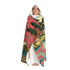 Hooded Sherpa Fleece Blanket with Japanese Art Design