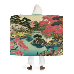 Hooded Sherpa Fleece Blanket with Japanese Art Design