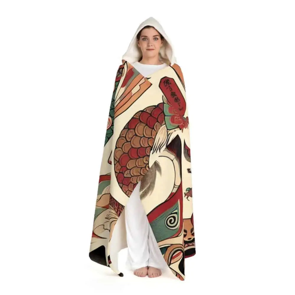 Hooded Sherpa Fleece Blanket with Japanese Yokai Design