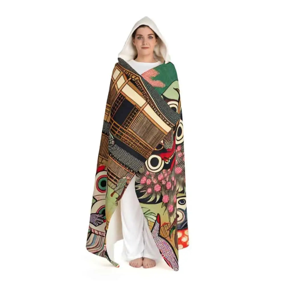 Hooded Sherpa Fleece Blanket with Japanese Yokai Design