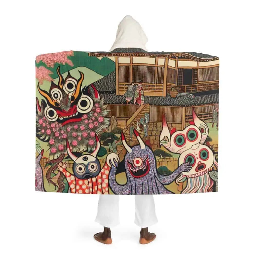 Hooded Sherpa Fleece Blanket with Japanese Yokai Design