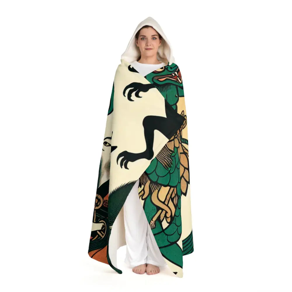 Hooded Sherpa Fleece Blanket with Kappa and Kitsune Design