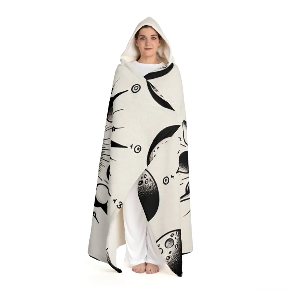 Hooded Sherpa Fleece Blanket with Lunar Phases Design