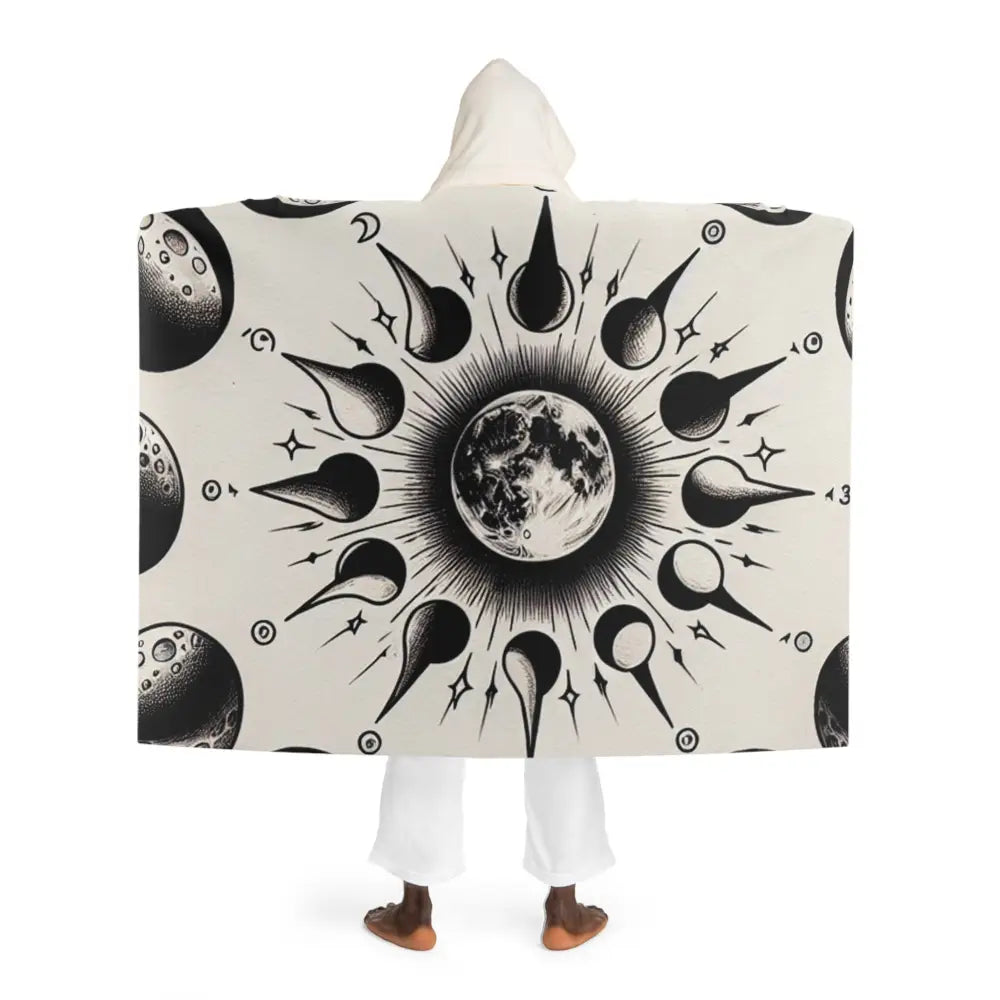Hooded Sherpa Fleece Blanket with Lunar Phases Design