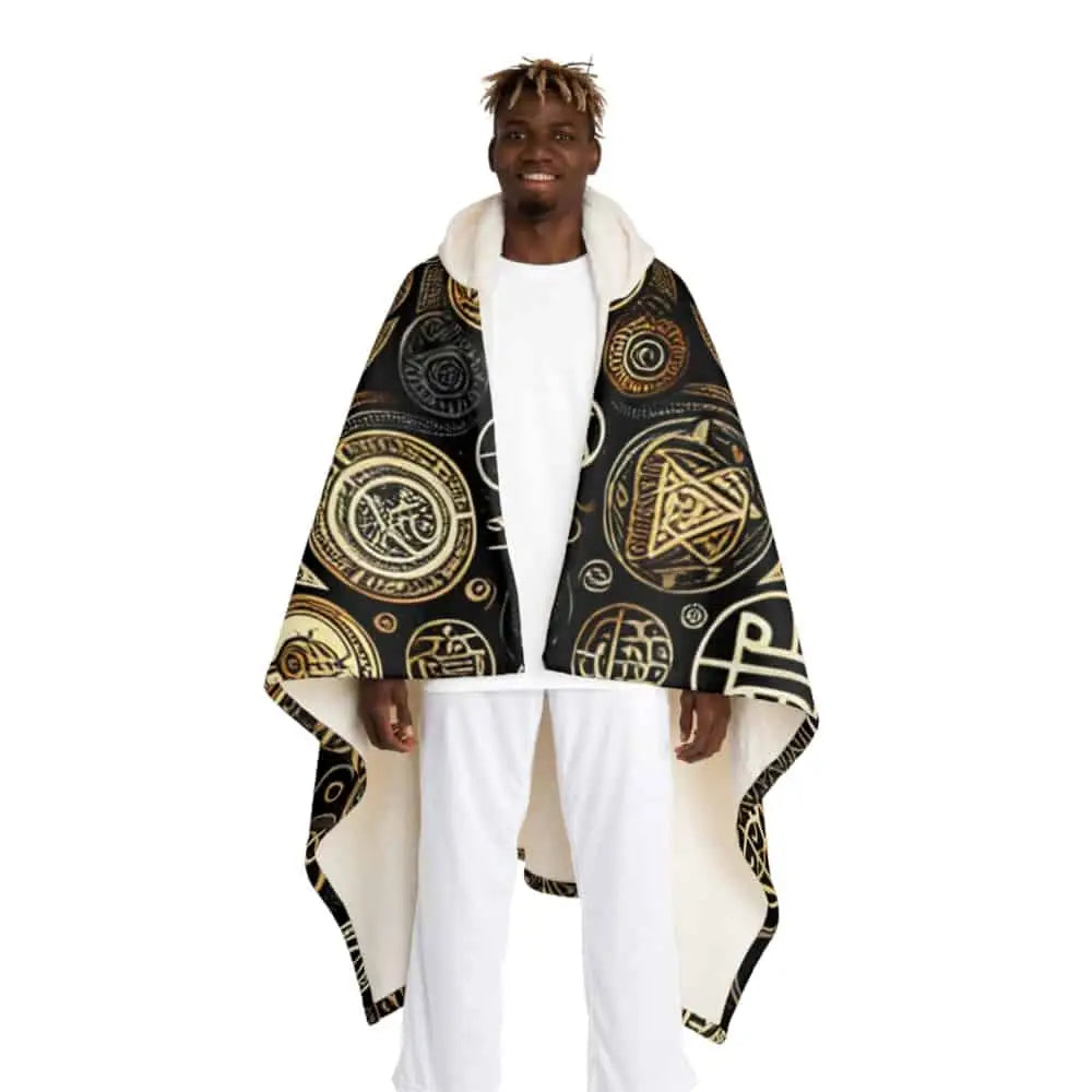 Hooded Sherpa Fleece Blanket with Magical Symbol Design