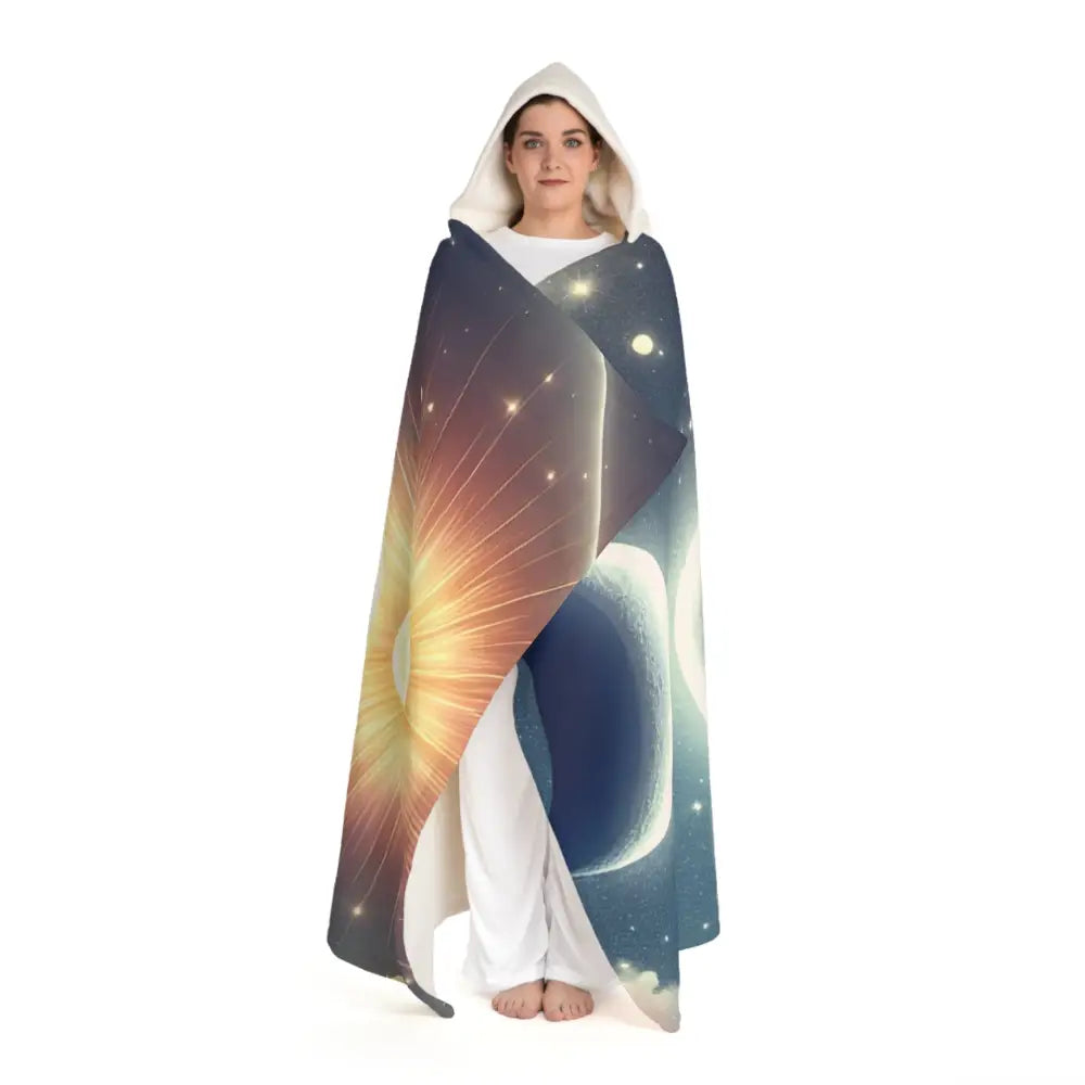 Hooded Sherpa Fleece Blanket with Moon and Sun Design