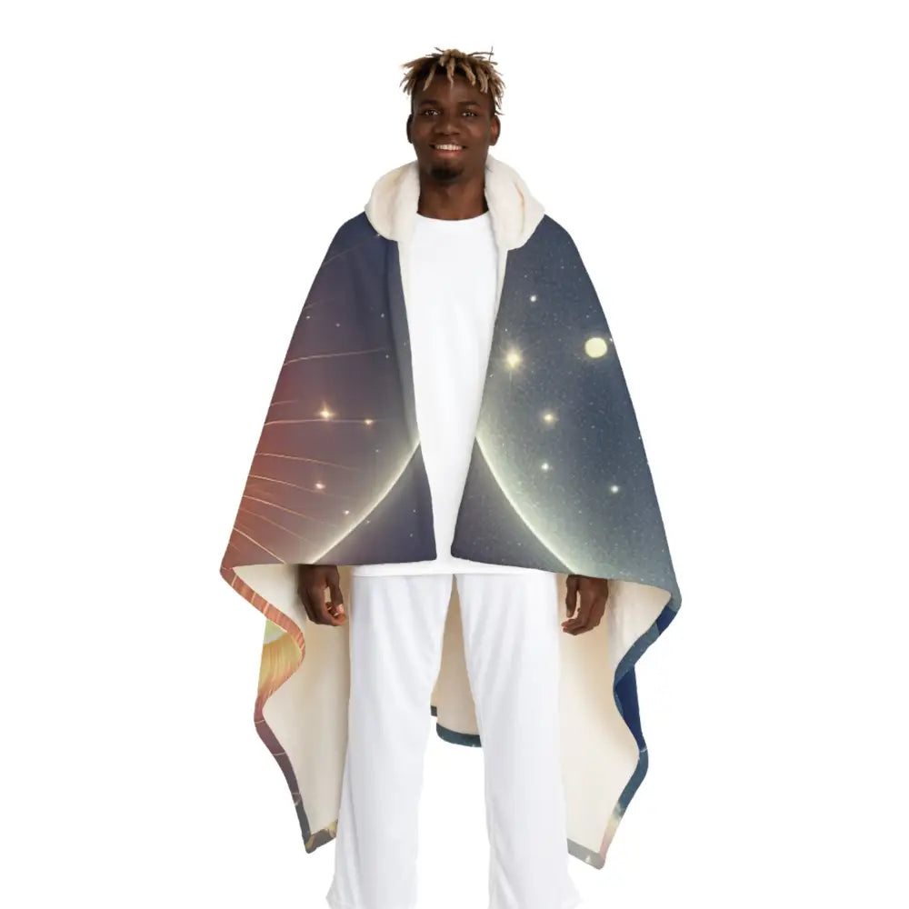 Hooded Sherpa Fleece Blanket with Moon and Sun Design