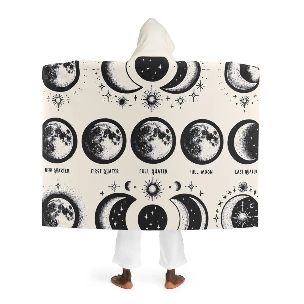 Hooded Sherpa Fleece Blanket with Moon Phase Design