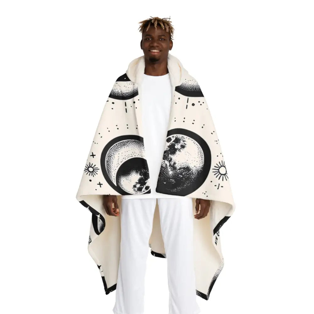 Hooded Sherpa Fleece Blanket with Moon Phase Design