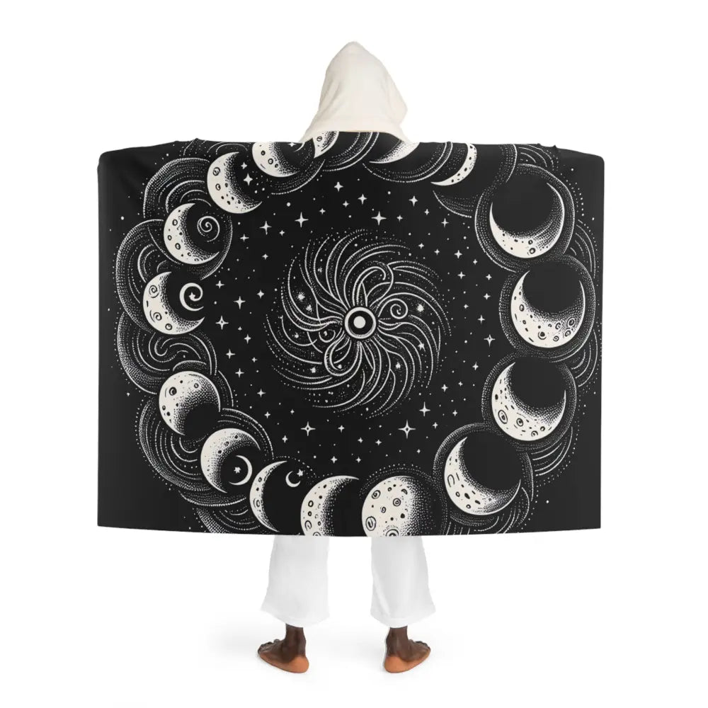 Hooded Sherpa Fleece Blanket with Moon Phases Design
