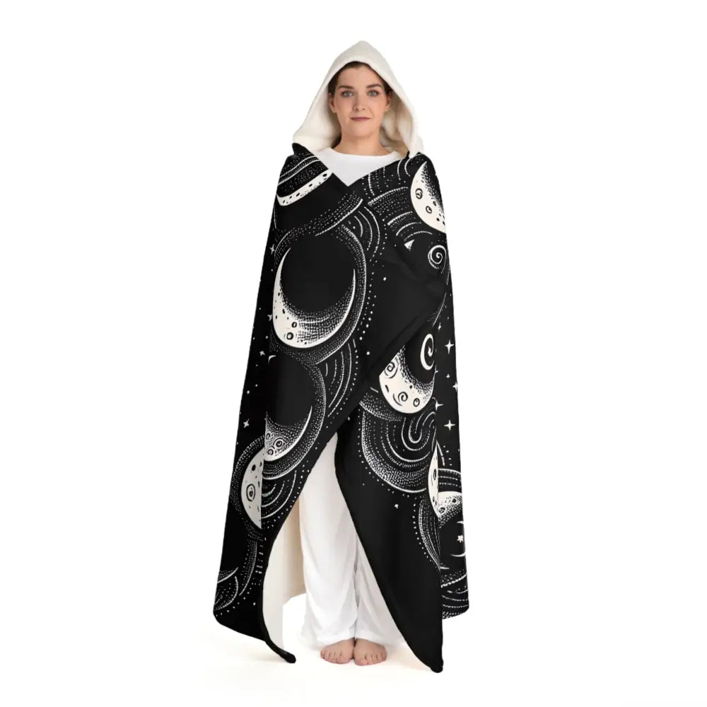 Hooded Sherpa Fleece Blanket with Moon Phases Design