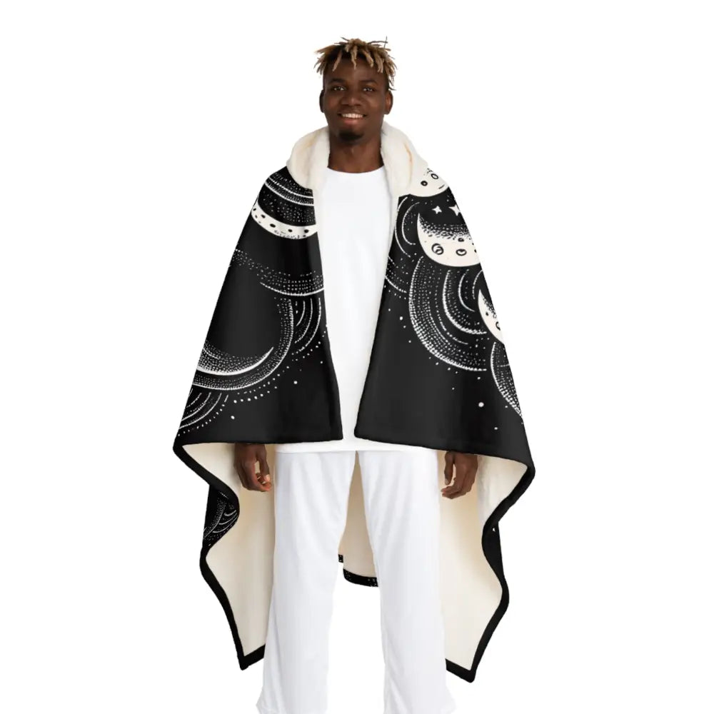 Hooded Sherpa Fleece Blanket with Moon Phases Design