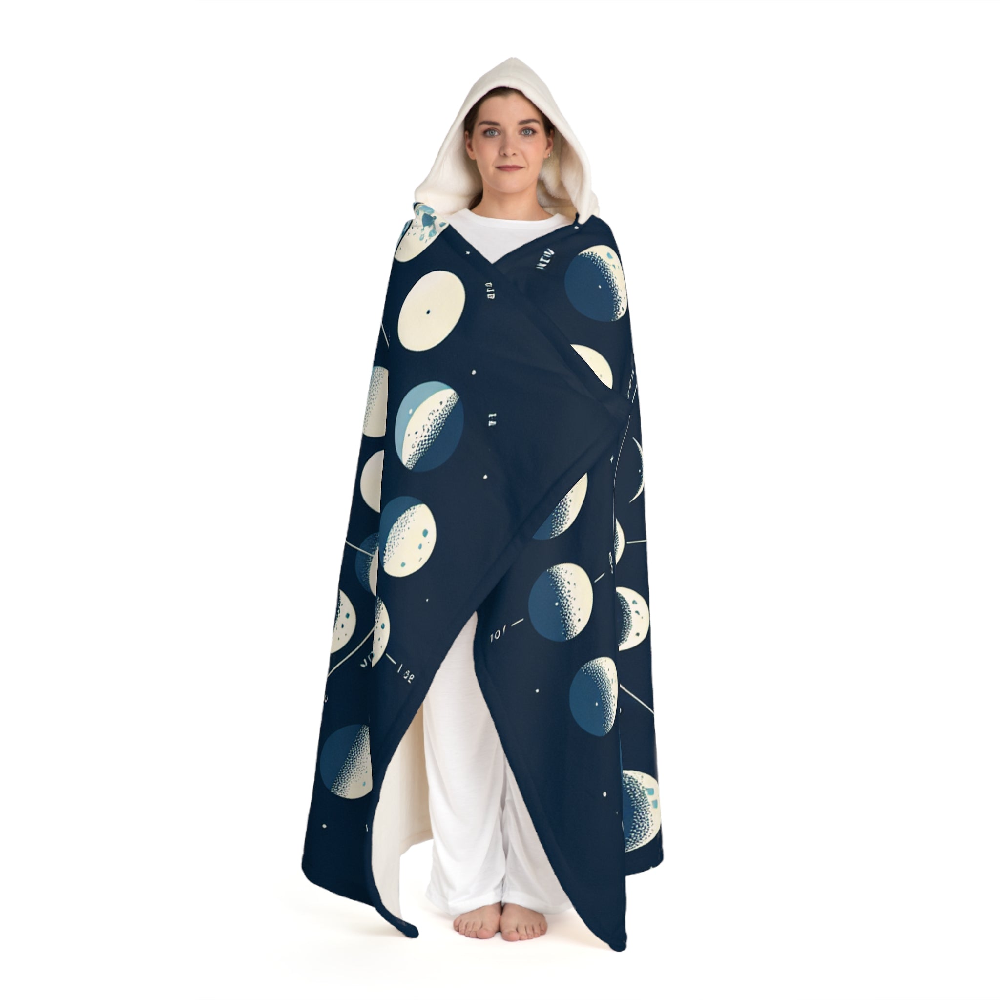 Hooded Sherpa Fleece Blanket with Moon Phases Design