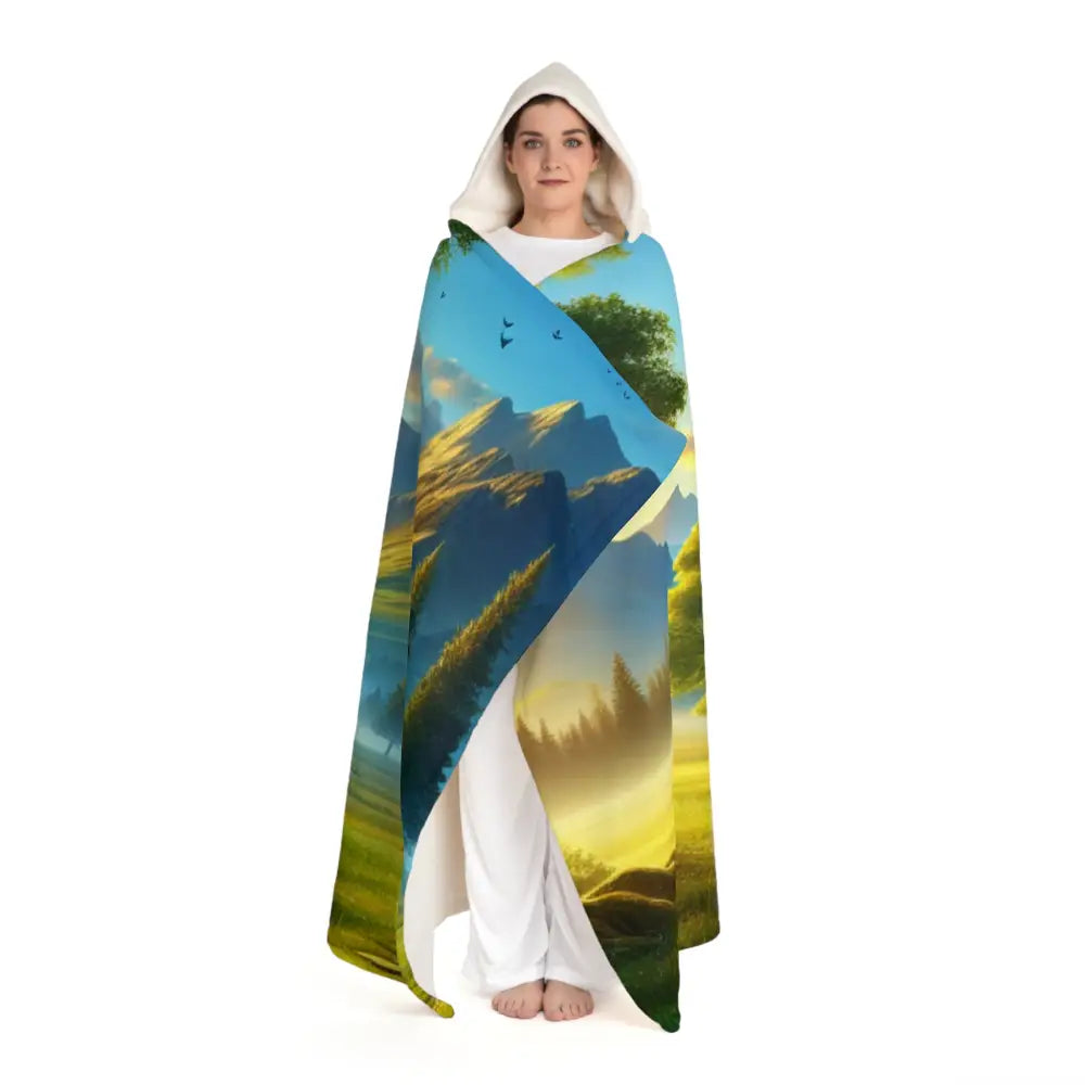 Hooded Sherpa Fleece Blanket with Mountain Landscape Design