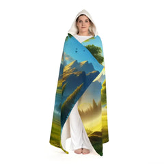 Hooded Sherpa Fleece Blanket with Mountain Landscape Design