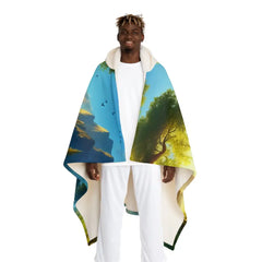 Hooded Sherpa Fleece Blanket with Mountain Landscape Design
