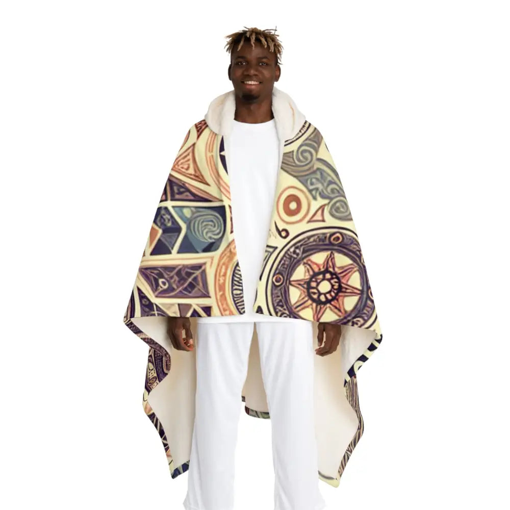 Hooded Sherpa Fleece Blanket with Mystic Geometric Symbols