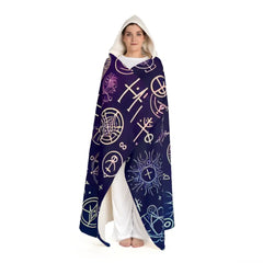 Hooded Sherpa Fleece Blanket with Mystic Symbol Design