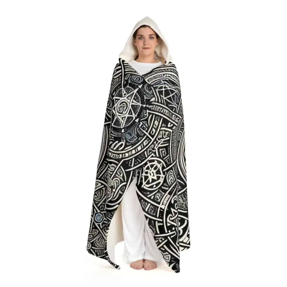Hooded Sherpa Fleece Blanket with Mystic Symbol Design